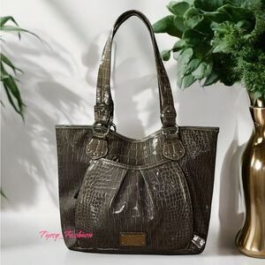 Nine West Vegan Patent Leather Crock Embossed Satchel Handbag Purse